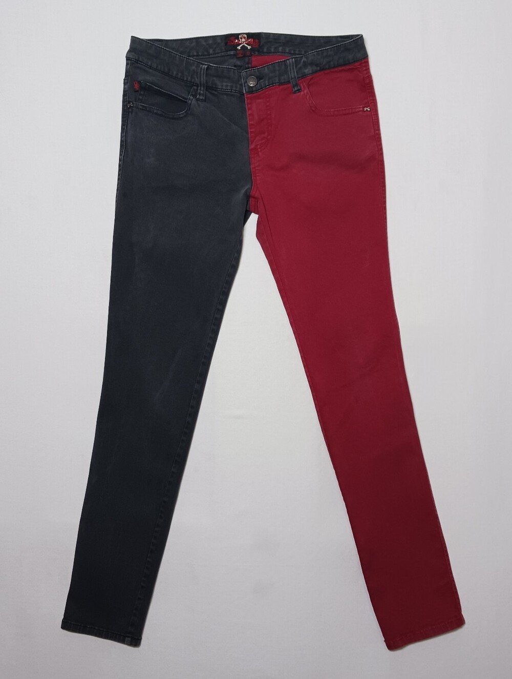 Royal Bones By Daang Split Leg Skinny Jeans Size 13 Red & Black 31X31 Emo Goth